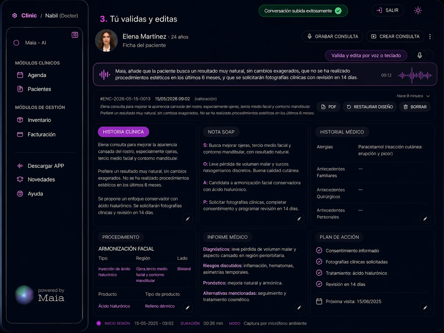 Médico valida y edita la historia clínica por voz o por teclado