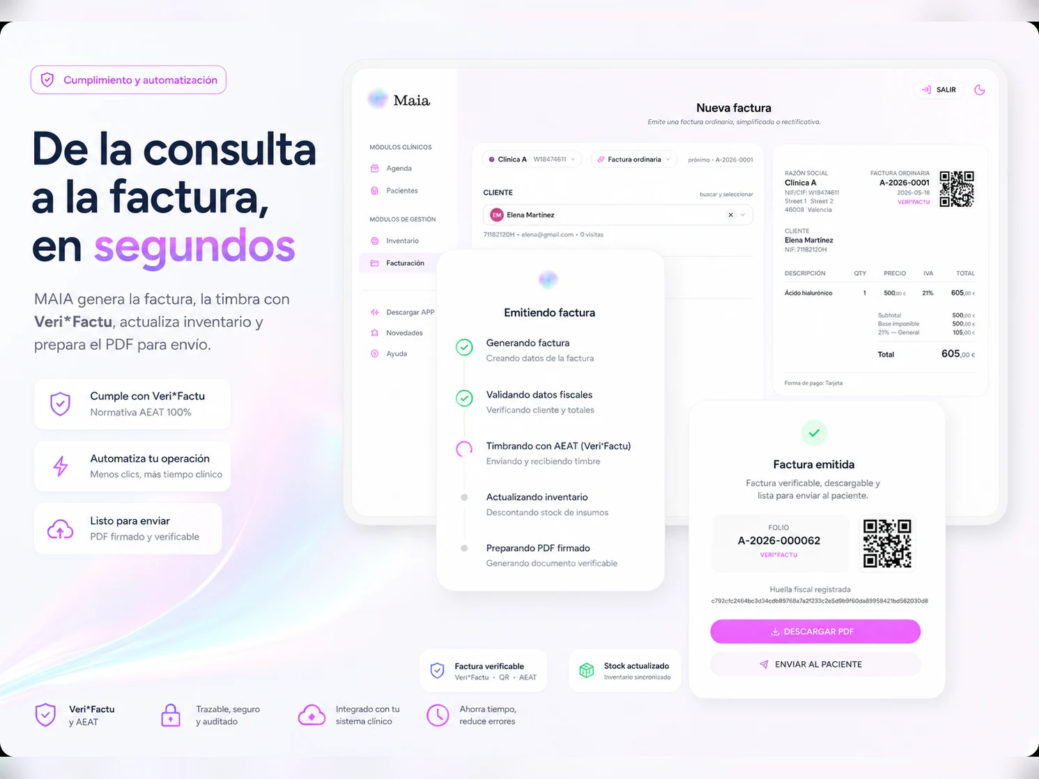 Maia genera la factura, la timbra con Veri*Factu y prepara el PDF para envío